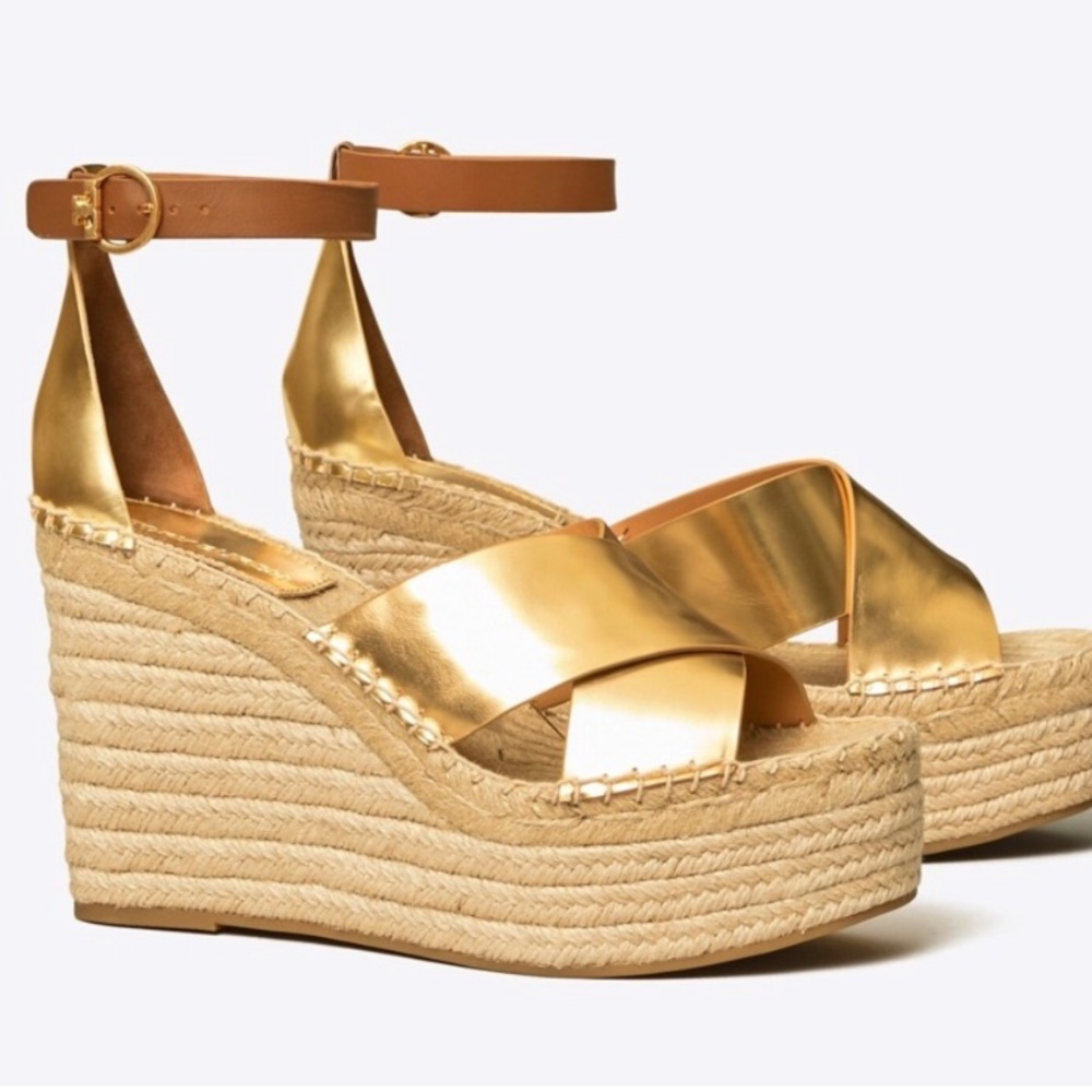 Tory Burch Matte Metallic Gold Selby Wedge Platform Espadrille Sandals